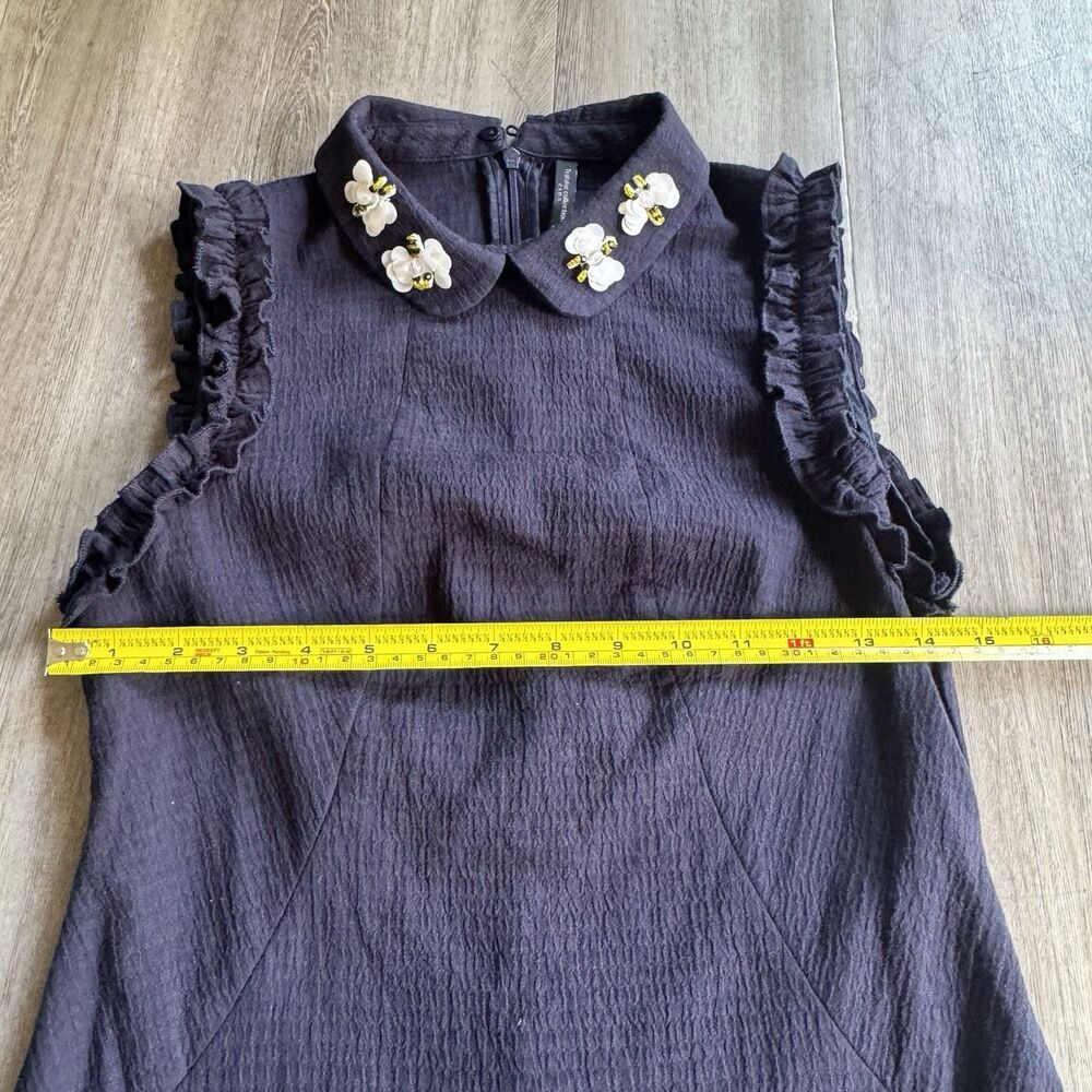 Zara Trafaluc Mini Dress Cotton Sz XS Blue Peter Pan Collar Shift Bee Beaded - Picture 3 of 15